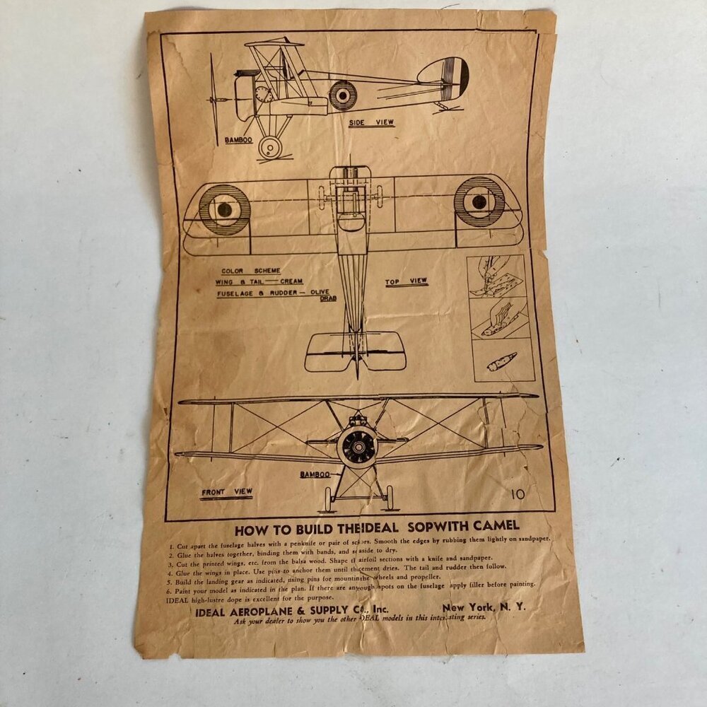 Vintage Ideal Aeroplane & Supply Co Sopwith Camel INSTRUCTIONS PLANS Antique
